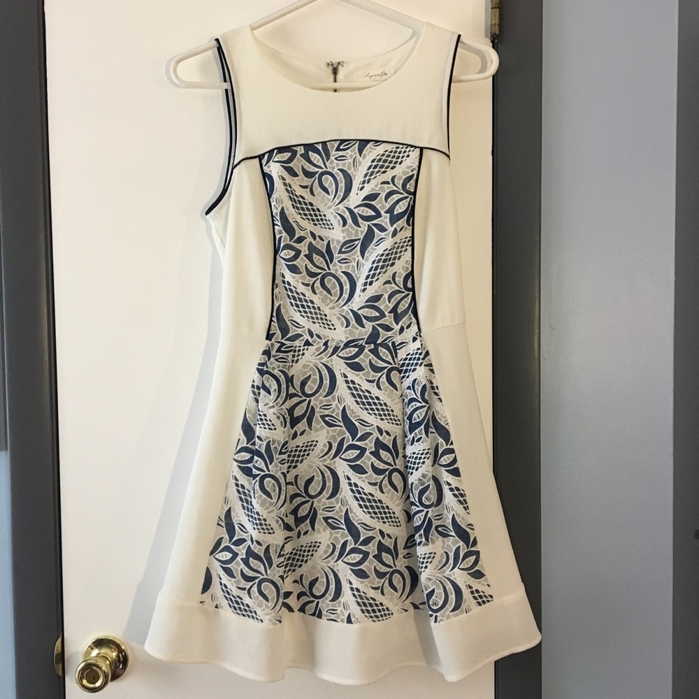White dress, indigo blue lace appliqué- graduation